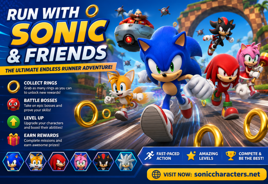 Run with Sonic & Friends racing through an endless runner course while collecting rings, battling bosses, leveling up, and earning rewards in a colorful action-packed adventure.