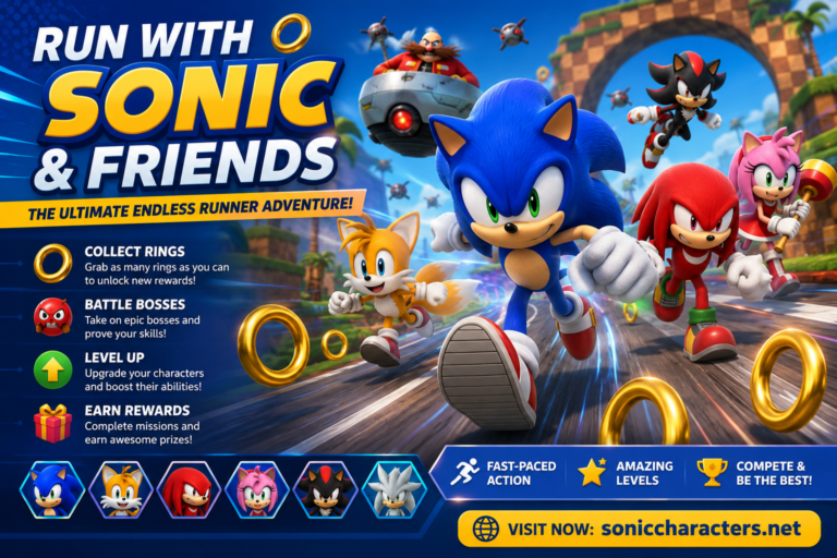 Run with Sonic & Friends racing through an endless runner course while collecting rings, battling bosses, leveling up, and earning rewards in a colorful action-packed adventure.