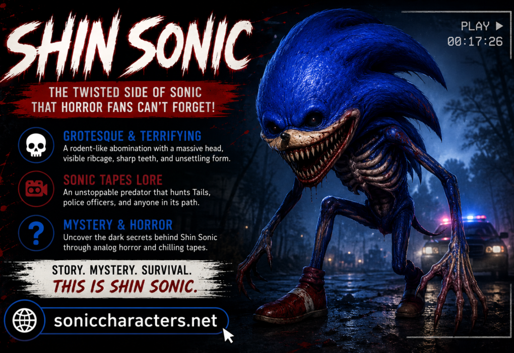 Terrifying Shin Sonic creature inspired by the Sonic Tapes analog horror series featuring a grotesque monster with an exposed ribcage in a dark forest