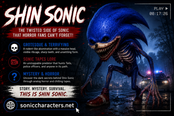 Terrifying Shin Sonic creature inspired by the Sonic Tapes analog horror series featuring a grotesque monster with an exposed ribcage in a dark forest
