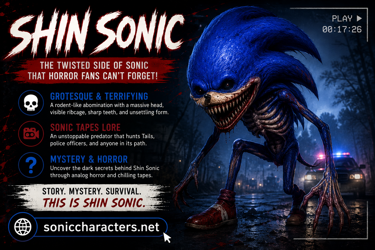 Terrifying Shin Sonic creature inspired by the Sonic Tapes analog horror series featuring a grotesque monster with an exposed ribcage in a dark forest