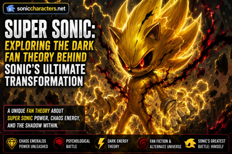 Illustration of Super Sonic surrounded by unstable Chaos Energy in a fictional dark fan theory inspired by the Sonic universe.