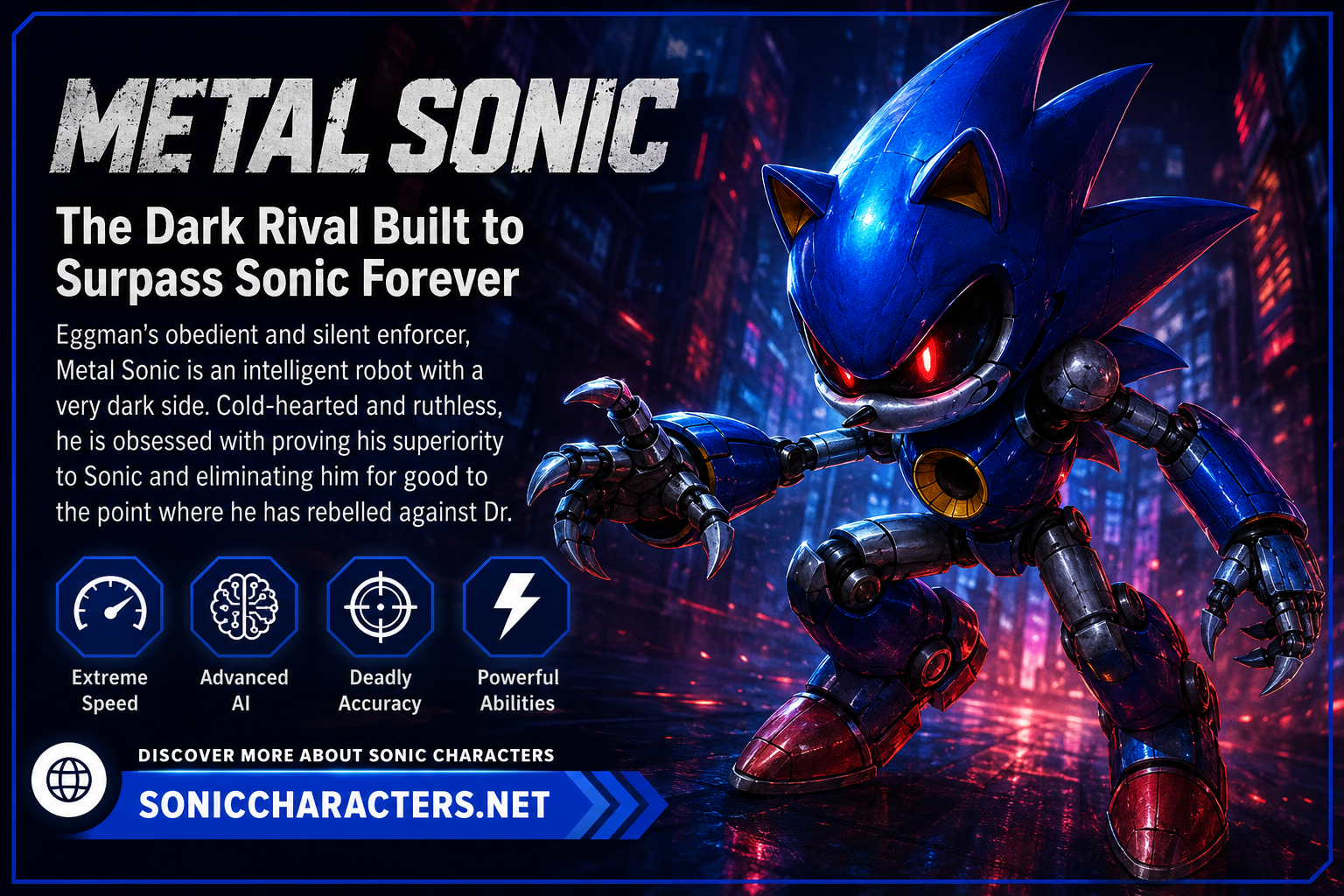 Metal Sonic, the intelligent robotic rival created by Dr. Eggman, showcasing his speed, power, and determination to surpass Sonic the Hedgehog.
