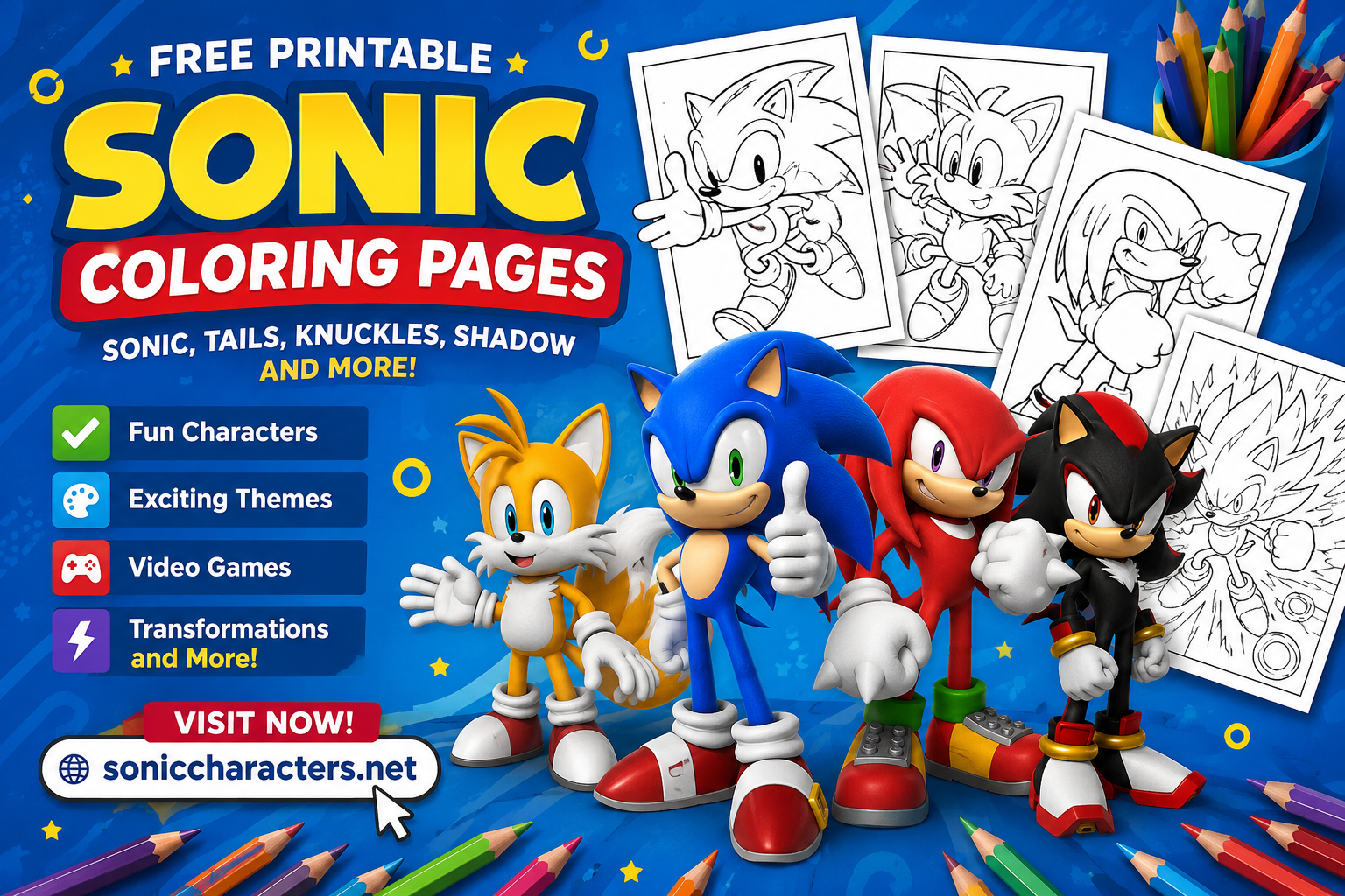 Free printable Sonic coloring pages featuring Sonic, Tails, Knuckles, Shadow, Super Sonic, and fun coloring sheets for kids and fans.