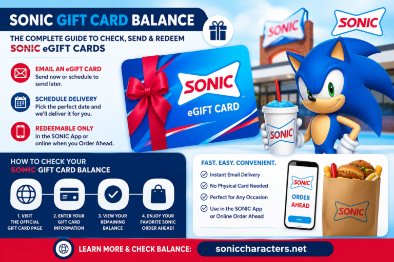 Infographic showing how to check Sonic gift card balance, send a SONIC eGift Card by email, schedule delivery, and redeem it through the SONIC App or online Order Ahead.