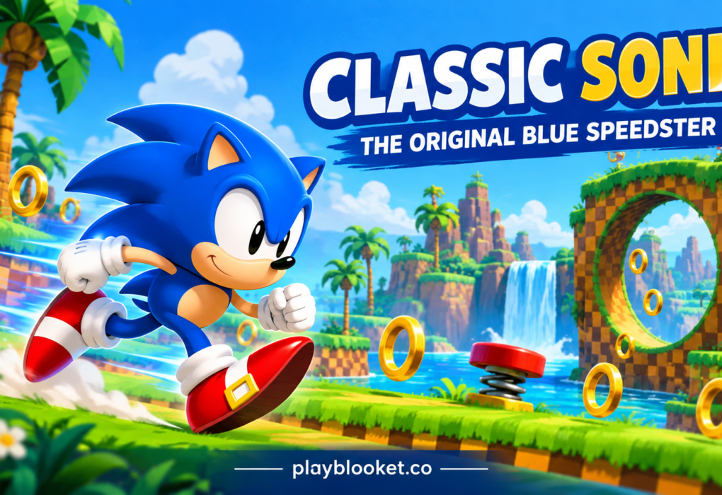 Classic Sonic the original blue speedster running through a colorful platform game