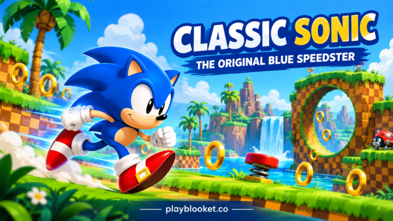 Classic Sonic the original blue speedster running through a colorful platform game