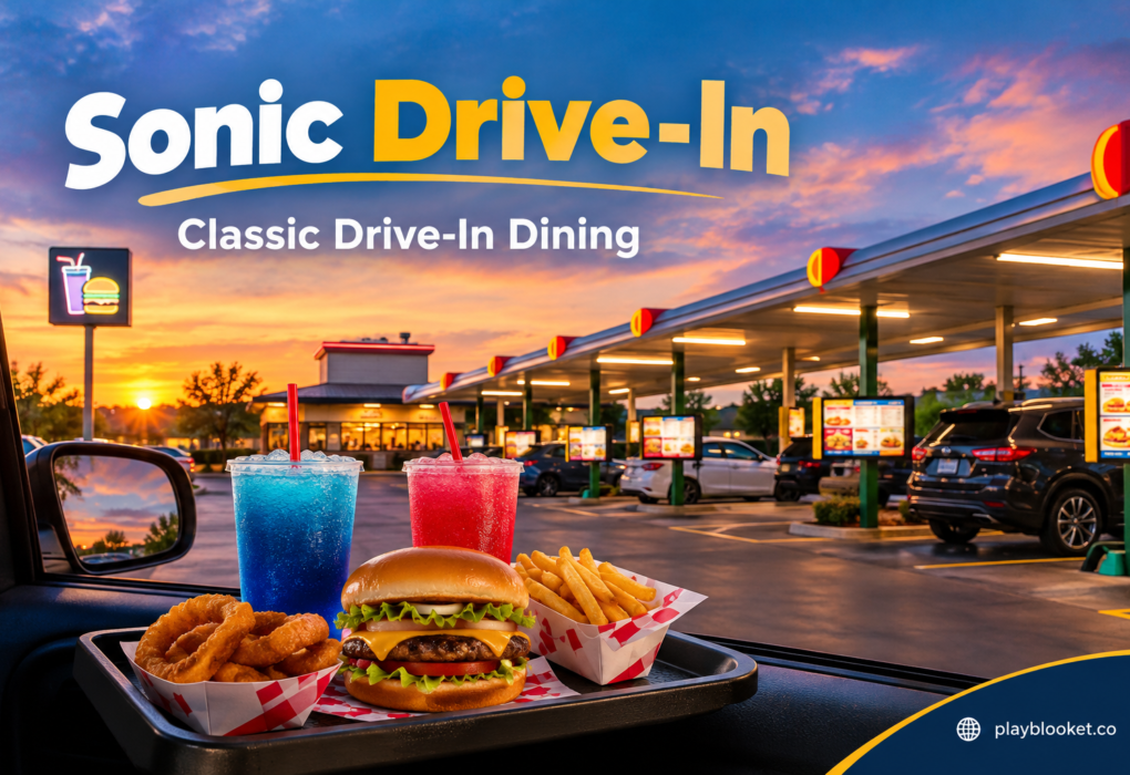 Sonic Drive-In restaurant with burgers, fries, drinks, and classic drive-in dining experience 📝 Caption