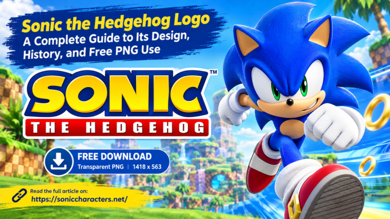 Sonic the Hedgehog logo with transparent PNG download information and Sonic character