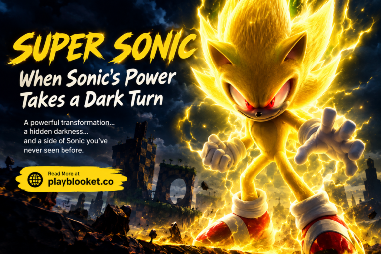 Super Sonic in a powerful dark transformation surrounded by golden energy and lightning