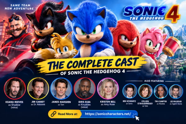 Cast of Sonic the Hedgehog 4 featuring Keanu Reeves, Jim Carrey, James Marsden, Idris Elba and Kristen Bell