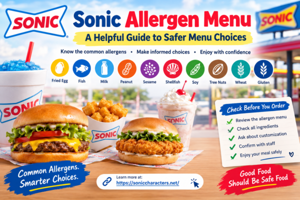 Sonic allergen menu showing common food allergens including milk, egg, peanut, sesame, soy, wheat, and gluten