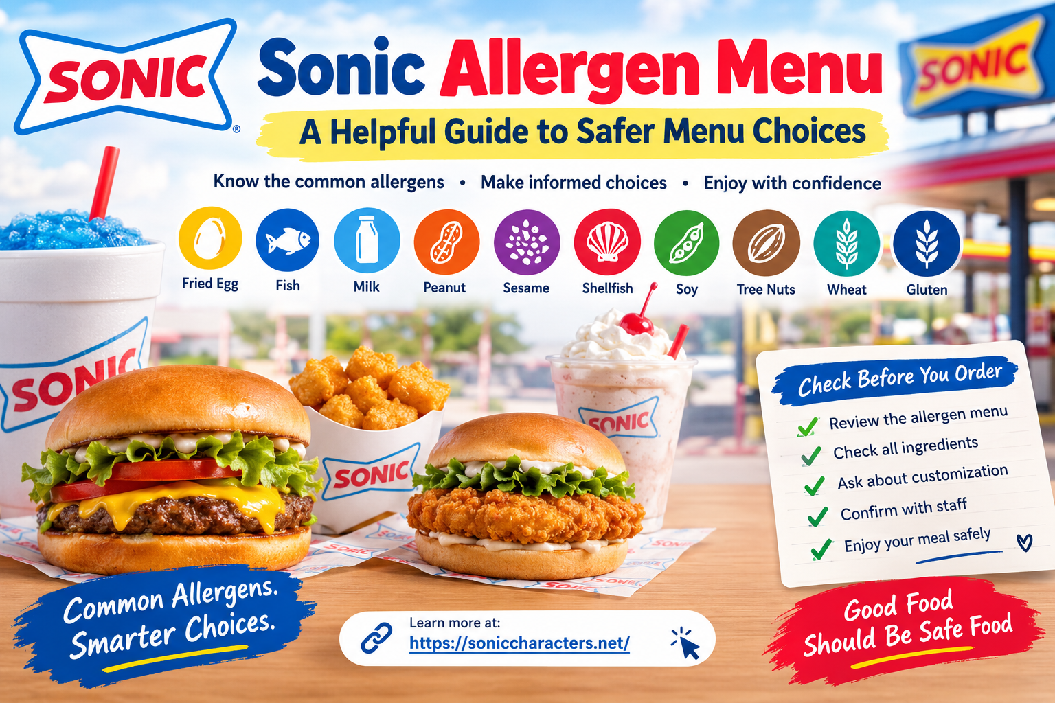Sonic allergen menu showing common food allergens including milk, egg, peanut, sesame, soy, wheat, and gluten