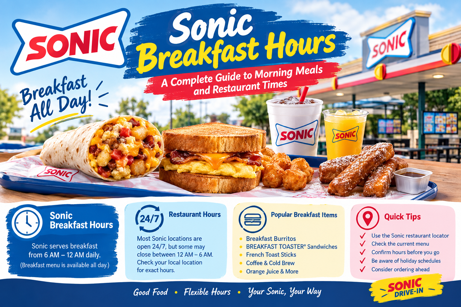Sonic breakfast hours guide showing breakfast burrito and breakfast sandwich