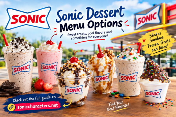 Sonic dessert menu featuring shakes, sundaes, frozen treats, and colorful dessert options