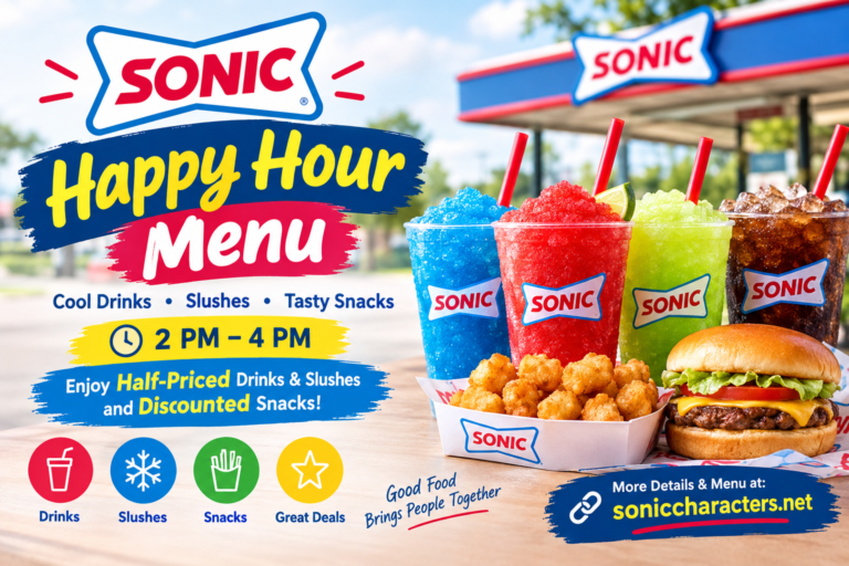 Sonic happy hour menu featuring half-priced drinks, slushes, and discounted snacks from 2 PM to 4 PM