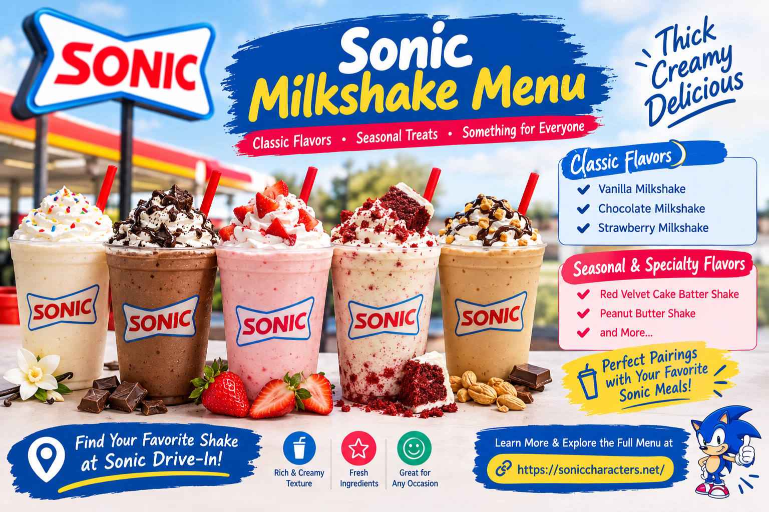 Sonic milkshake menu featuring vanilla, chocolate, strawberry, red velvet, and peanut butter shakes