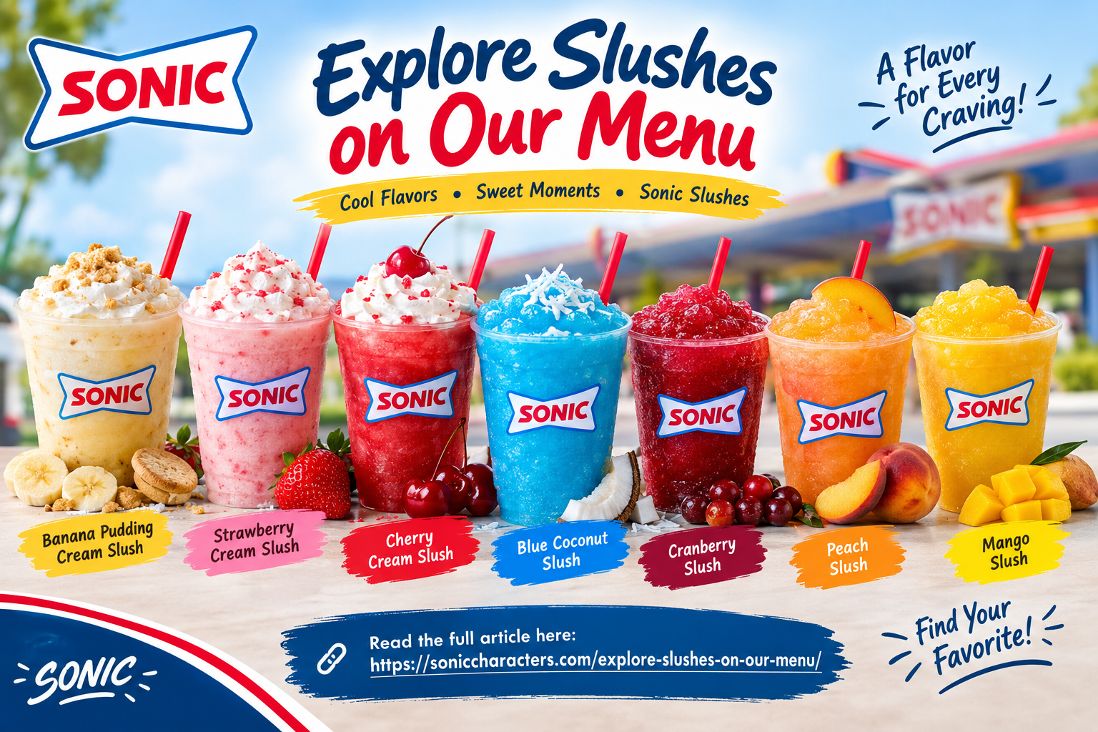 Sonic slushes featuring Banana Pudding Cream, Strawberry Cream, Cherry Cream, Blue Coconut, Cranberry, Peach, and Mango flavors
