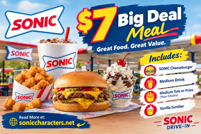 Sonic 7 dollar meal with cheeseburger, medium drink, tots or fries, and vanilla sundae