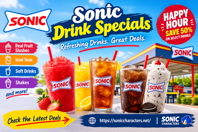 Sonic drink specials featuring fruit slushes, iced tea, soft drinks, and shakes