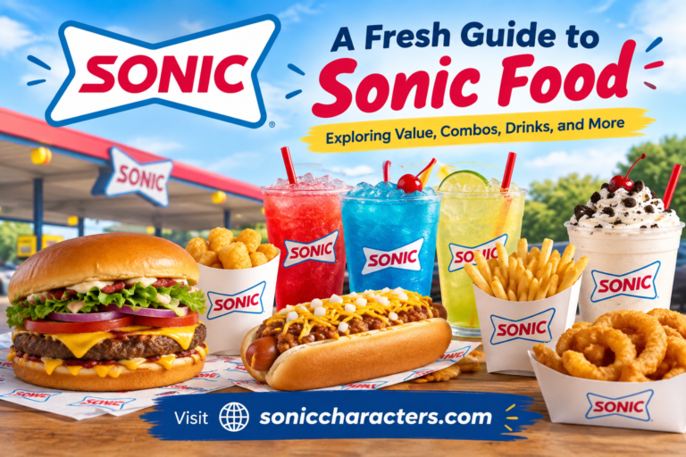 Sonic food menu featuring burgers, combos, slushes, drinks, and sides