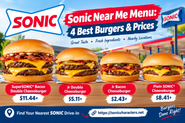 sonic near me menu featuring four SONIC burger options and prices
