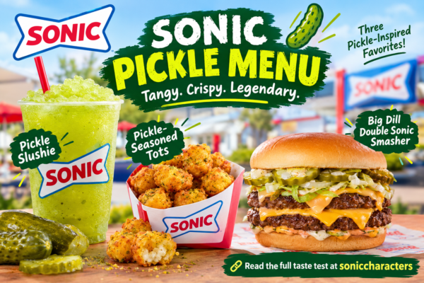 Sonic pickle menu featuring pickle slushie, pickle-seasoned tots, and Big Dill Double Sonic Smasher