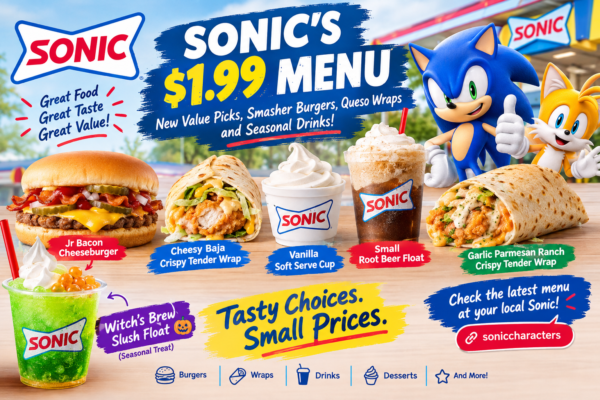 Sonic 1.99 menu featuring burgers, crispy tender wraps, soft serve, root beer float and seasonal drinks