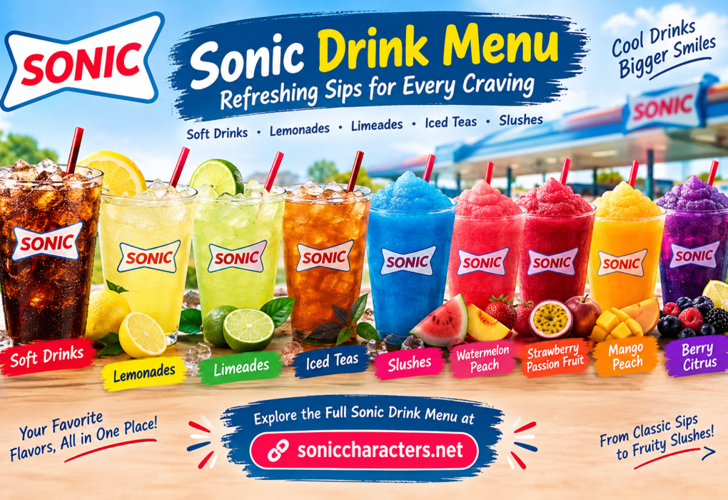 Sonic Drink Menu featuring soft drinks, lemonades, limeades, iced teas, and fruit slushes