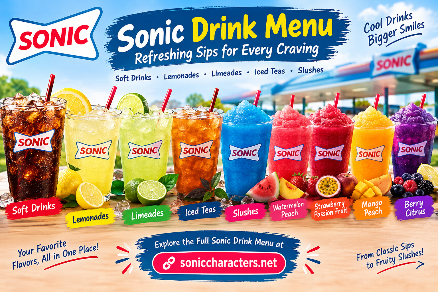 Sonic Drink Menu featuring soft drinks, lemonades, limeades, iced teas, and fruit slushes