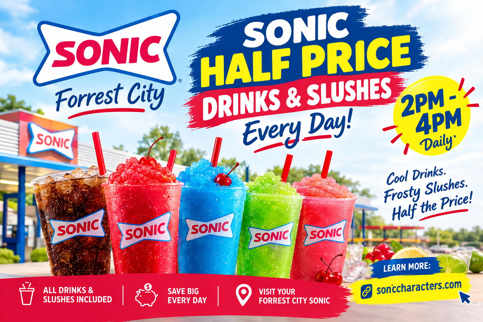 Sonic half price drinks and slushes every day from 2 PM to 4 PM at Forrest City SONIC