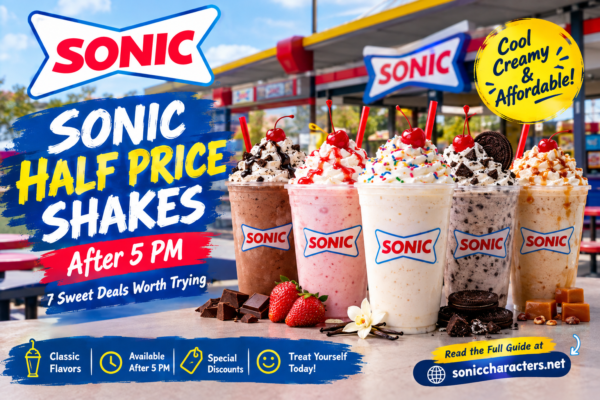 Sonic half price shakes featuring chocolate, strawberry, vanilla, and specialty milkshake flavors.