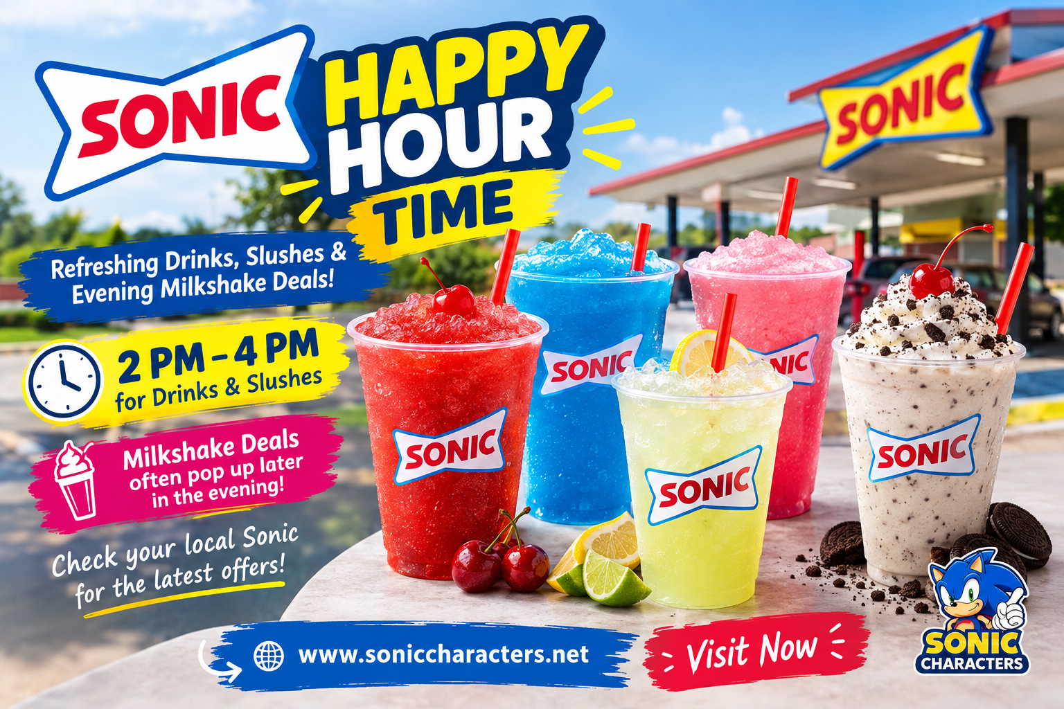 Sonic happy hour time with colorful slushes, refreshing drinks, and milkshake deals at Sonic Drive-In