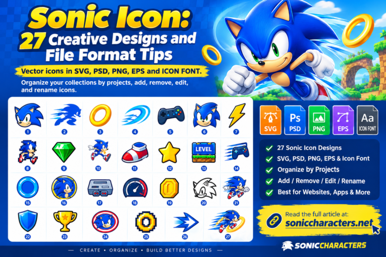Sonic icon featuring 27 gaming-inspired designs in SVG, PSD, PNG, EPS, and icon font formats