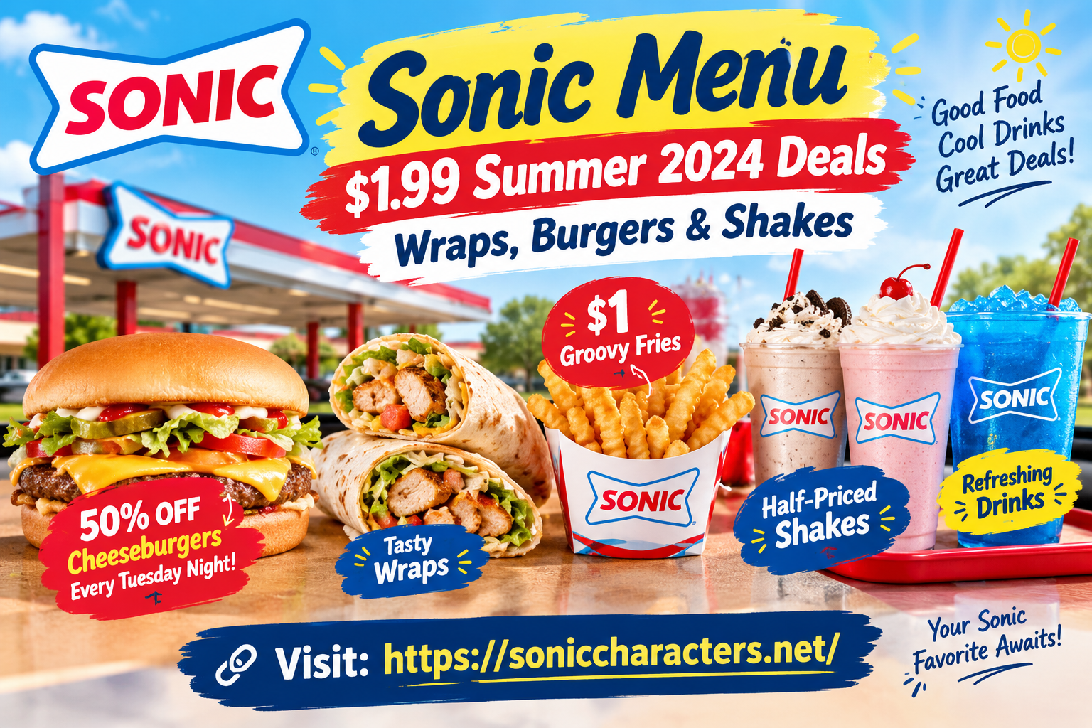 Sonic menu $1.99 summer 2024 deals with burgers, wraps, fries and shakes